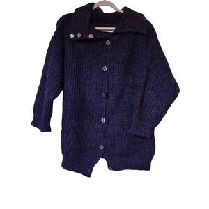 Cambridge Women's Purple Chunky Knit Button Up Cardigan Sweater Fold-Over Collar